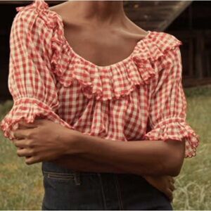 Doen Red and White Gingham Ruffle Blouse